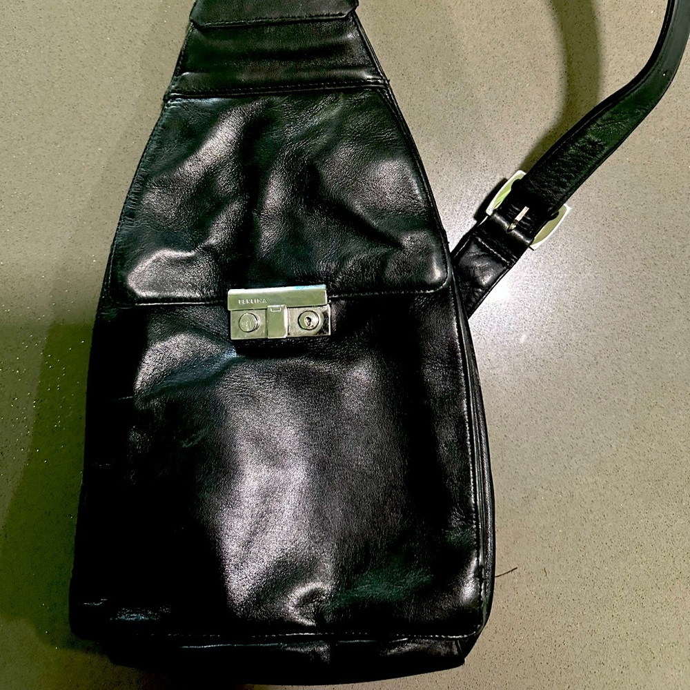 Black soft leather Perkins sling bag